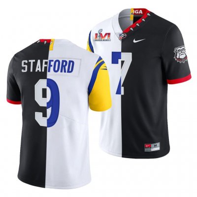 Georgia Bulldogs Matthew Stafford Men's #7 LVI X LA Rams Super Bowl White Black Dual Teams Split Football NCAA Jersey 2406YYOW0