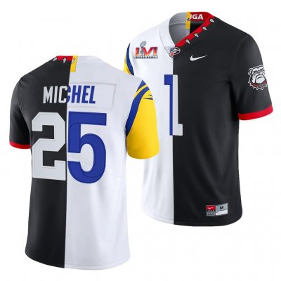 Georgia Bulldogs Sony Michel Men's #1 LVI X LA Rams Super Bowl White Black Dual Teams Split Football NCAA Jersey 2406KPGD5